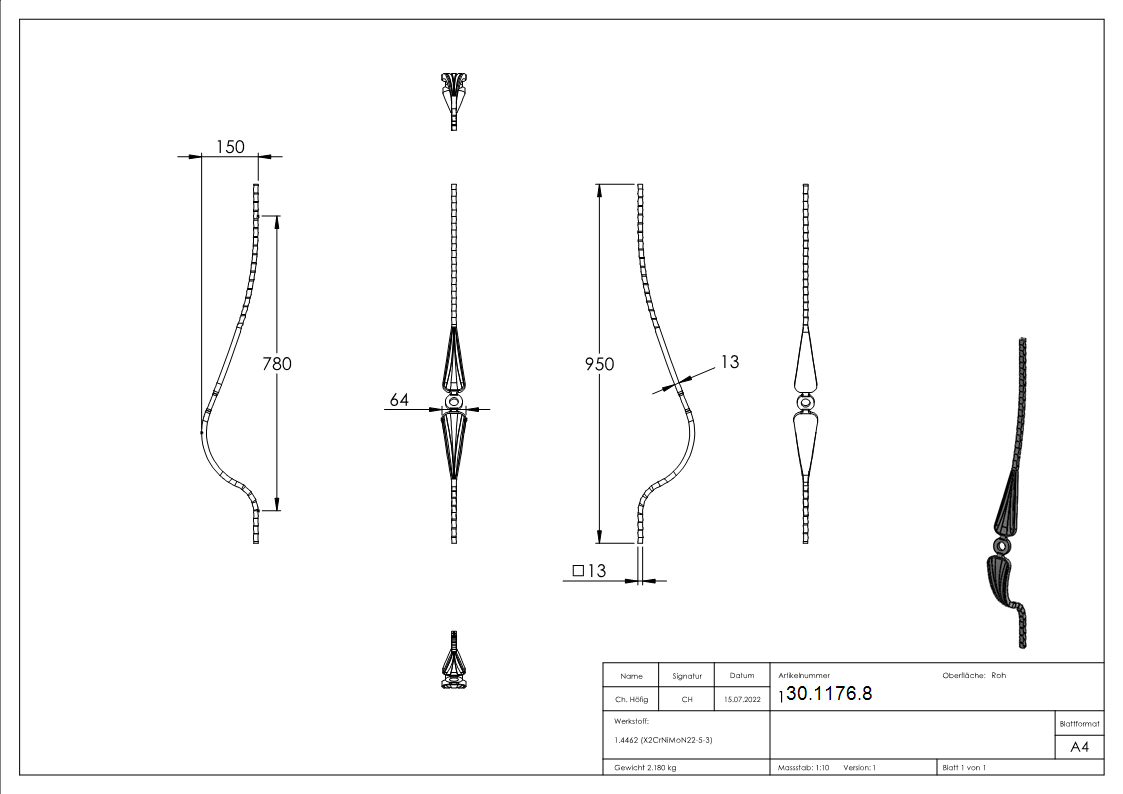 Bauchstab - Laenge- 945 mm - Material- 13x13 mm - Stahl S235JR- roh-30-1176.8