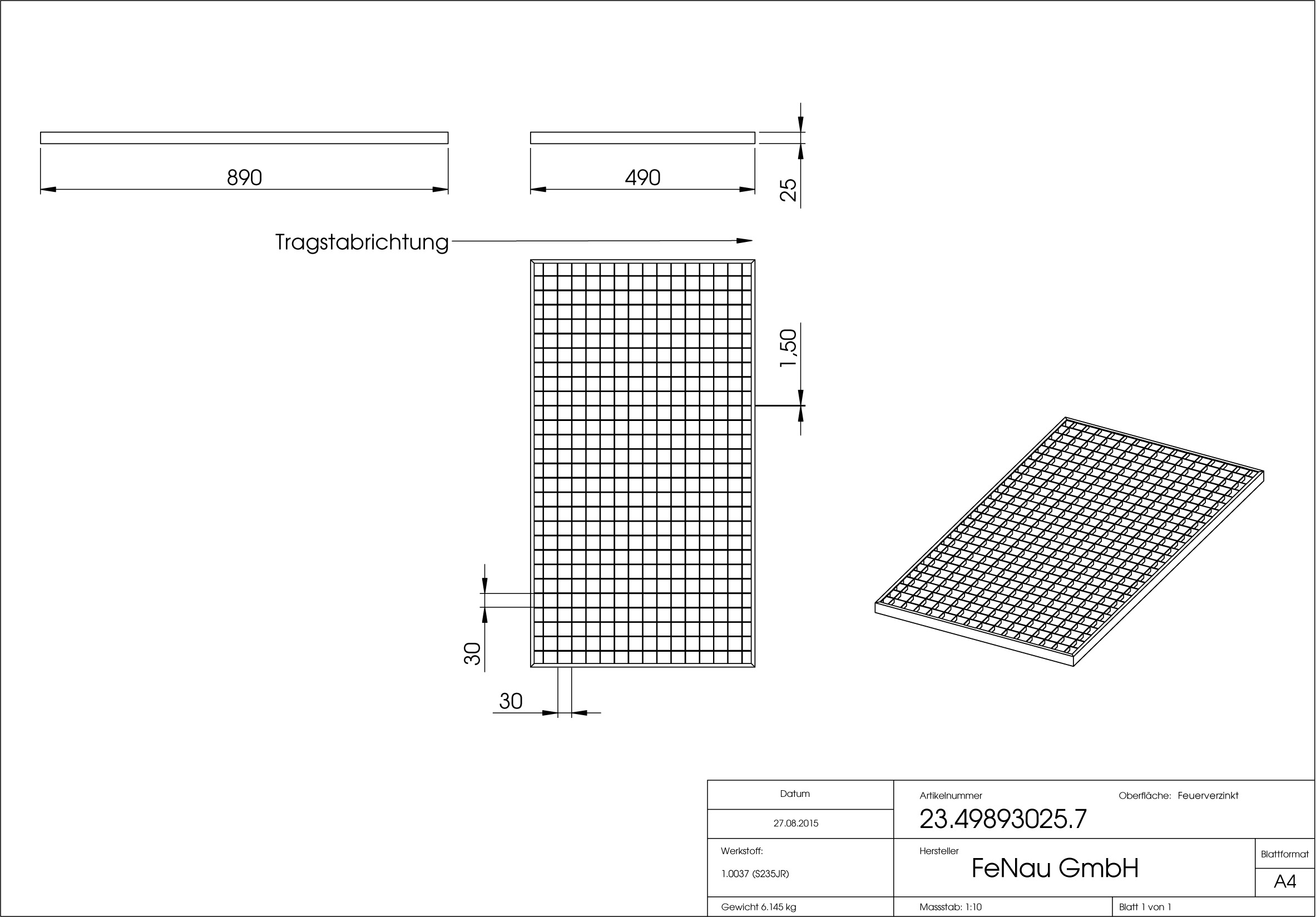 Lichtschachtrost Baunormrost - Masse-  490x890x25 mm 30-30 mm - aus S235JR -St37-2- im Vollbad feuerverzinkt-23-49893025.7
