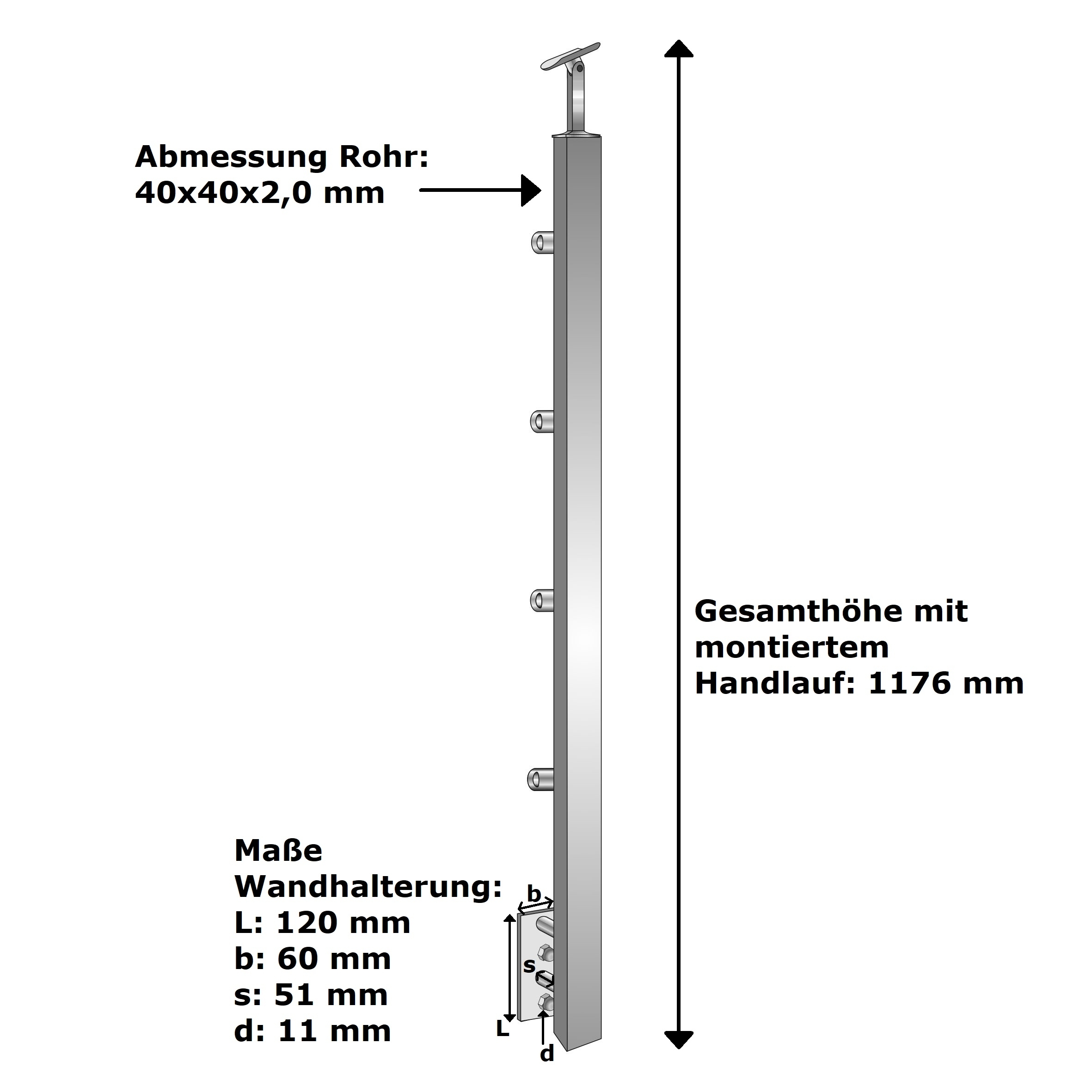 Gelaenderpfosten Edelstahl AISI 304 40x40 mm H900 mm Seitenverankerung Schliff-14-0088ER-A.4