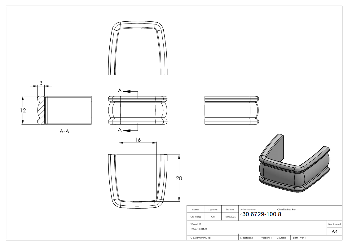 Bund - 100 Stueck - Material- 12x3 mm - Innenmass- 16x20 mm - Stahl -Roh- S235JR-30-6729-100.8