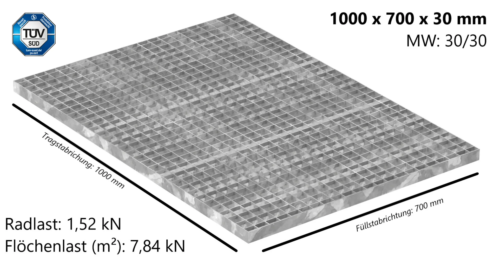 Industrie-Gitterrost - Masse- 1000x700x30 mm; MW 30-30 mm; 30-2 mm - S235JR -St37-2- im Vollbad feuerverzinkt-21-1007030302.7
