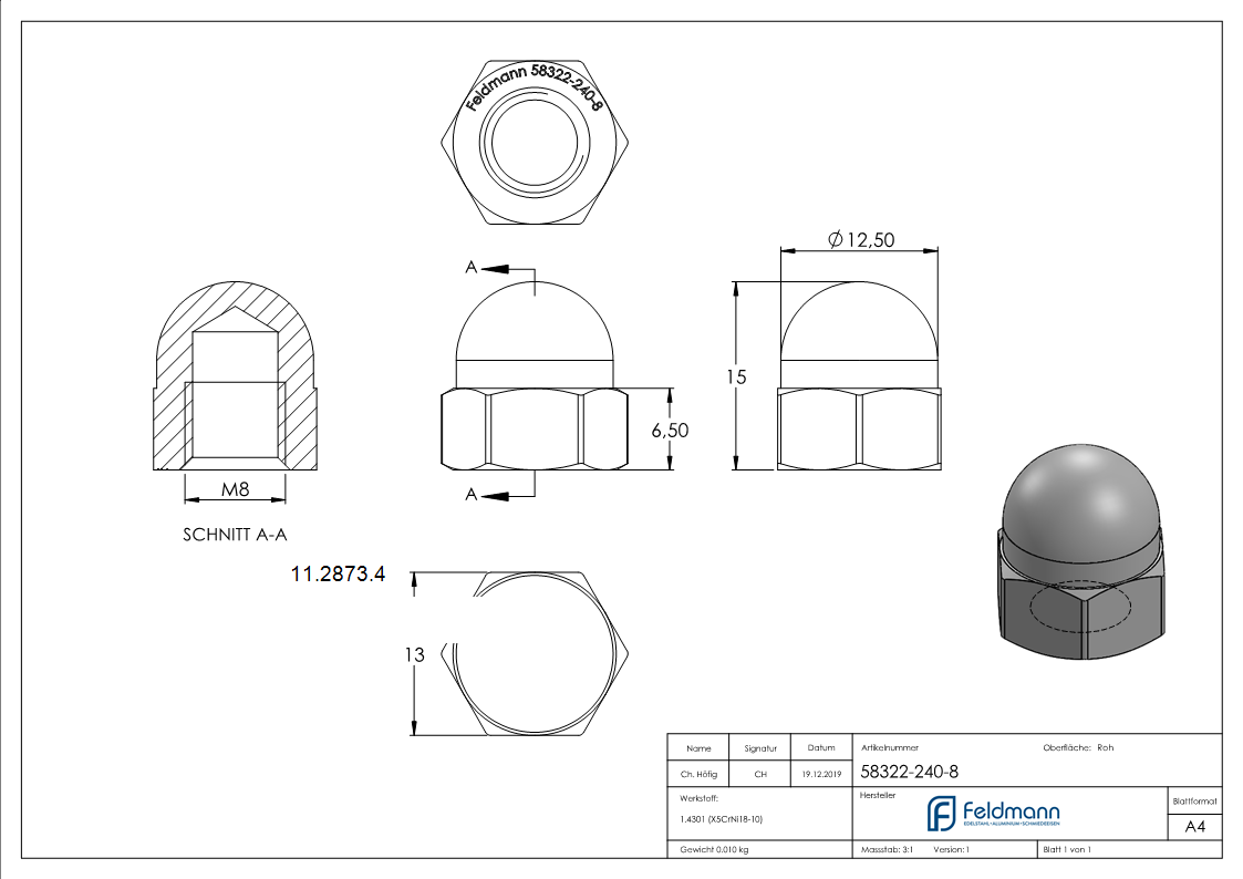 Hutmutter - Gewinde M8 - DIN 1587- A2 - V2A-11-2873.4