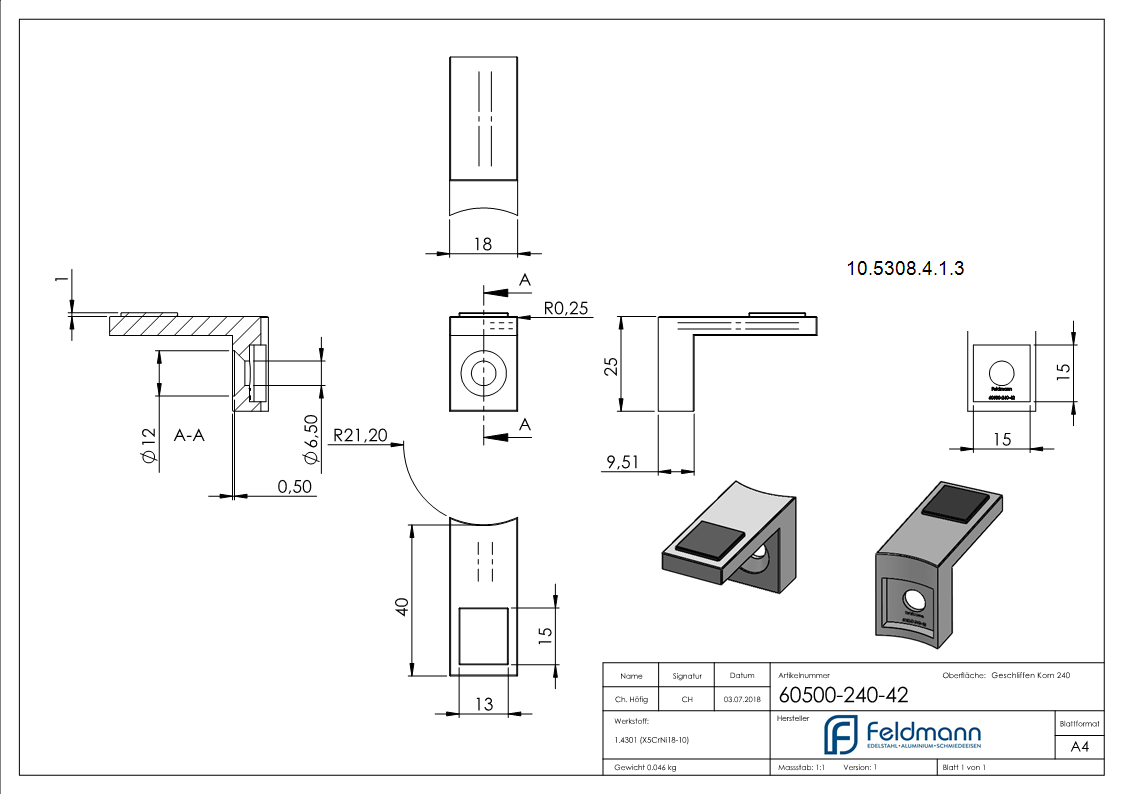 Halteboden fuer Glas Anschluss Ø 42-4 mm - Edelstahl V2A-10-5308-4-1.3