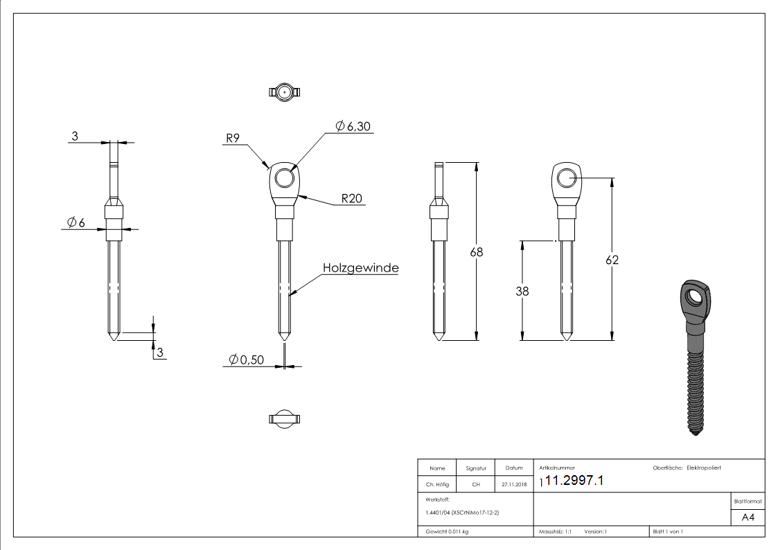 Augenschraube V4A Holzgewinde 6 mm mit flachem Kopf-11-2997.1