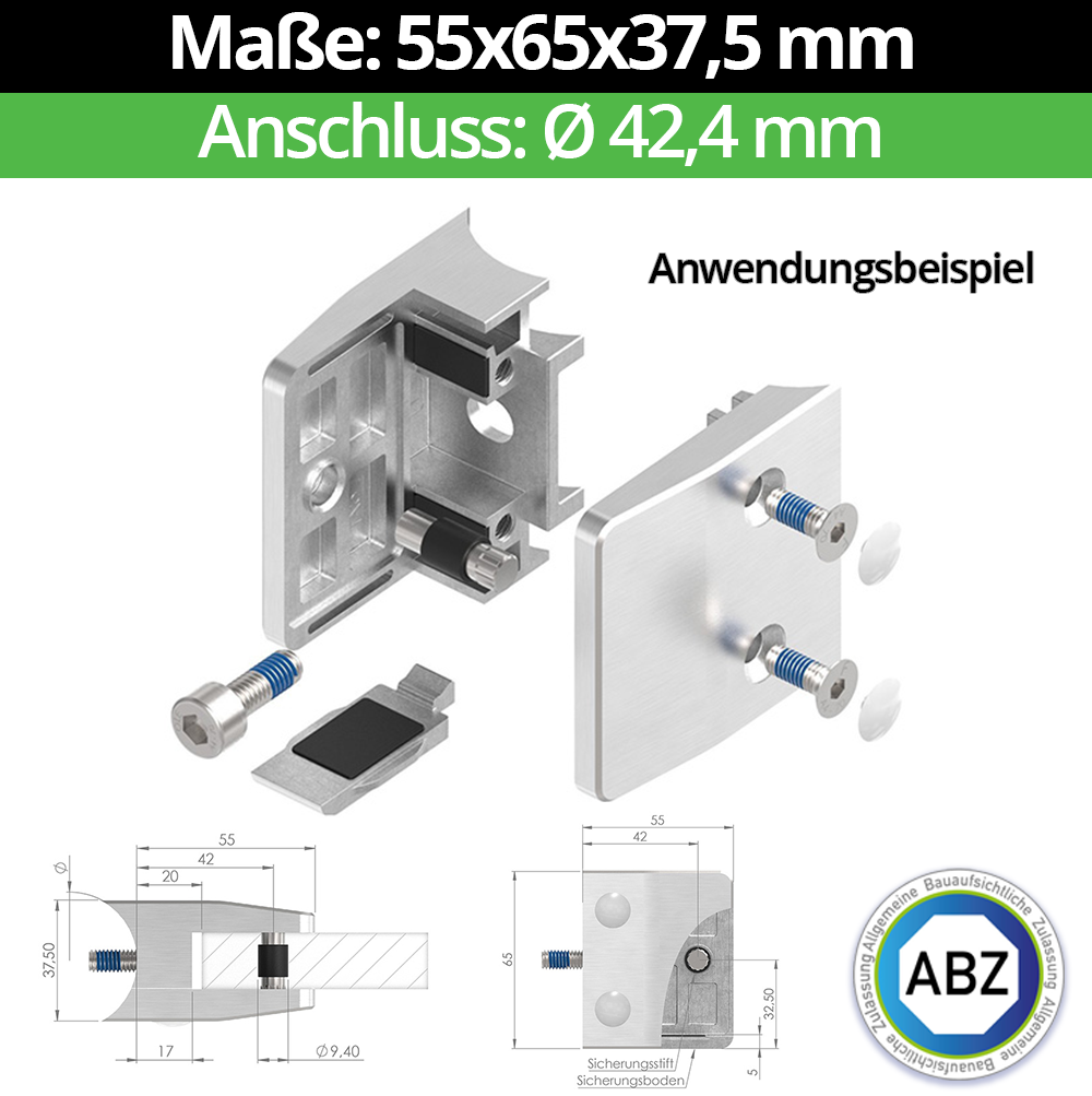 Glasklemme AbZ 55x65x37-5 mm  Ø 42-4 mm- fuer 10-00 mm ESG Glas- Nein - Ohne Sicherungsstift- Nein - Ohne Sicherungsboden-10-MODELL35-42-10-1.1