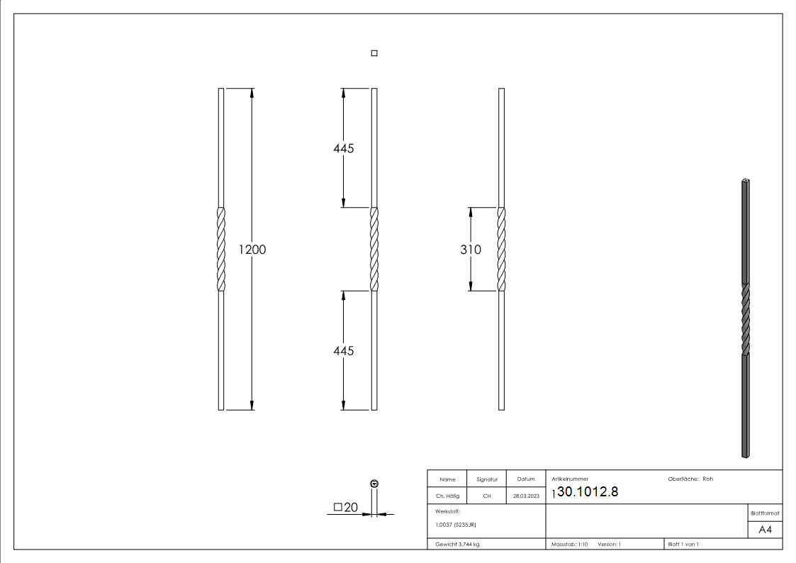 Anfangsstab Pfosten Laenge- 1200 mm Material- 20x20 mm Stahl S235JR- roh-30-1012.8