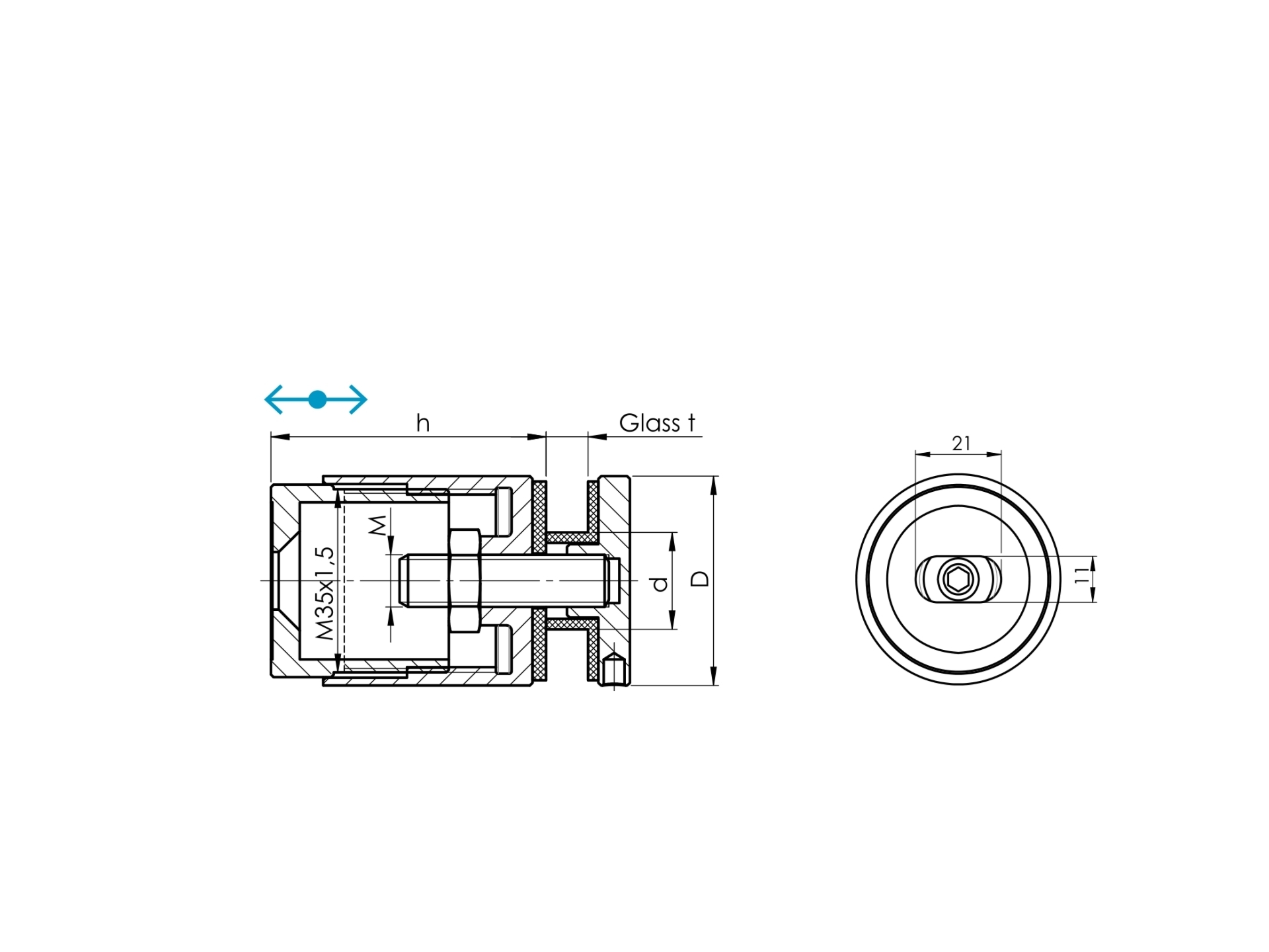 Glasklemme Edelstahl AISI 304 fuer Glas 8-17-52 mm D 40 mm Loch Ø 22 mm geschliffen-89-11A0742FLEX3-A.4