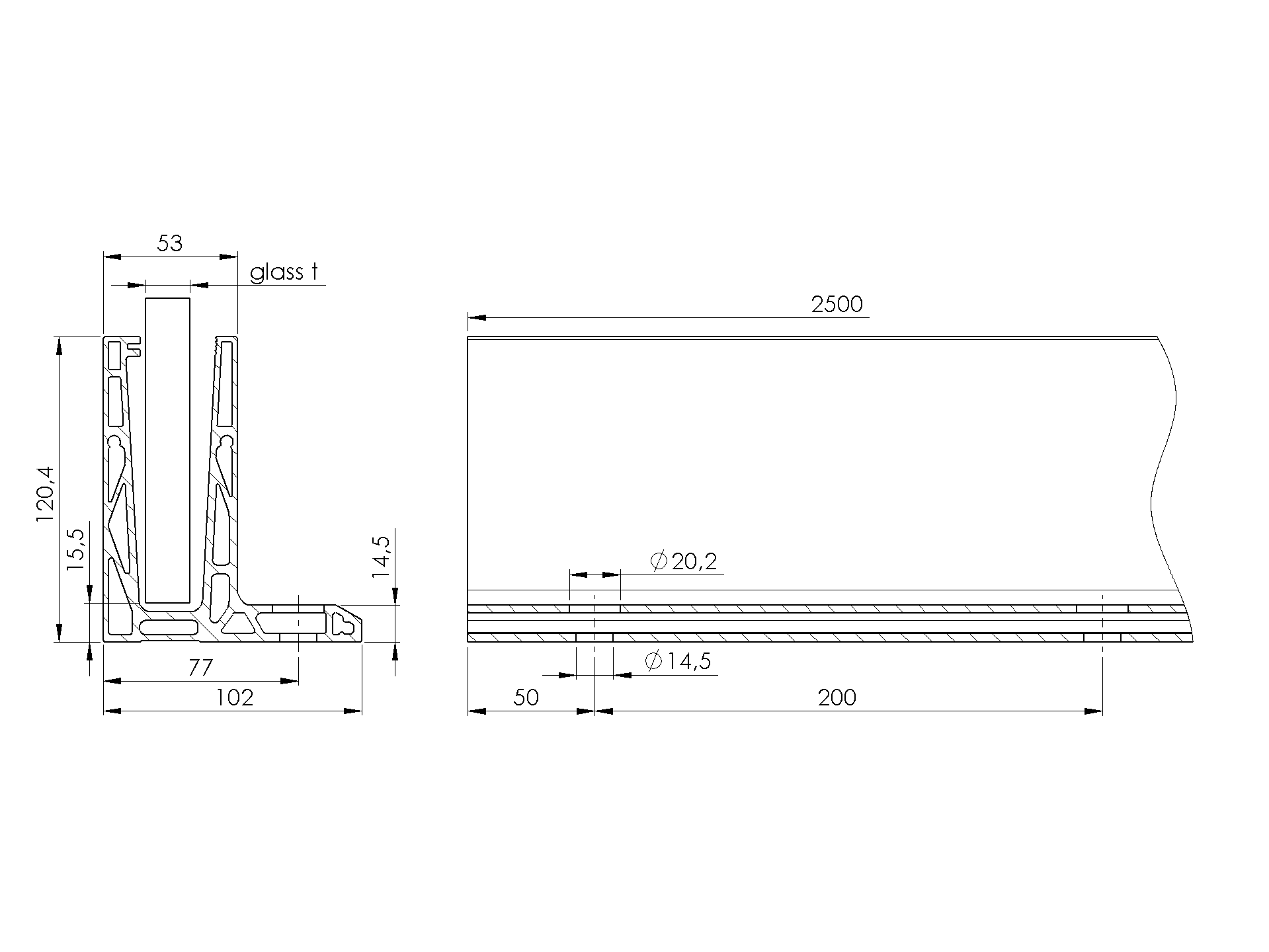 Ganzglasgelaenderprofil Aluminium 2500 mm fuer Glas 12-21-52 mm obere Befestigung-89-11AL0006ECO2500SE-A.4