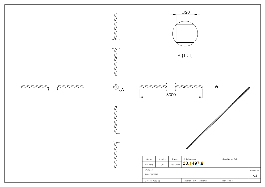 Vierkanteisen gedreht - Material- 20x20 mm - Laenge- 3000 mm - Stahl -Roh- S235JR-30-1497.8