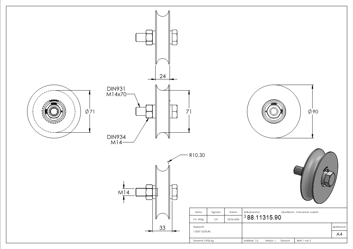 Schiebetorrolle verzinkt  90 mm fr Schiene  20 mm 2 Kugellager-88-11315.90