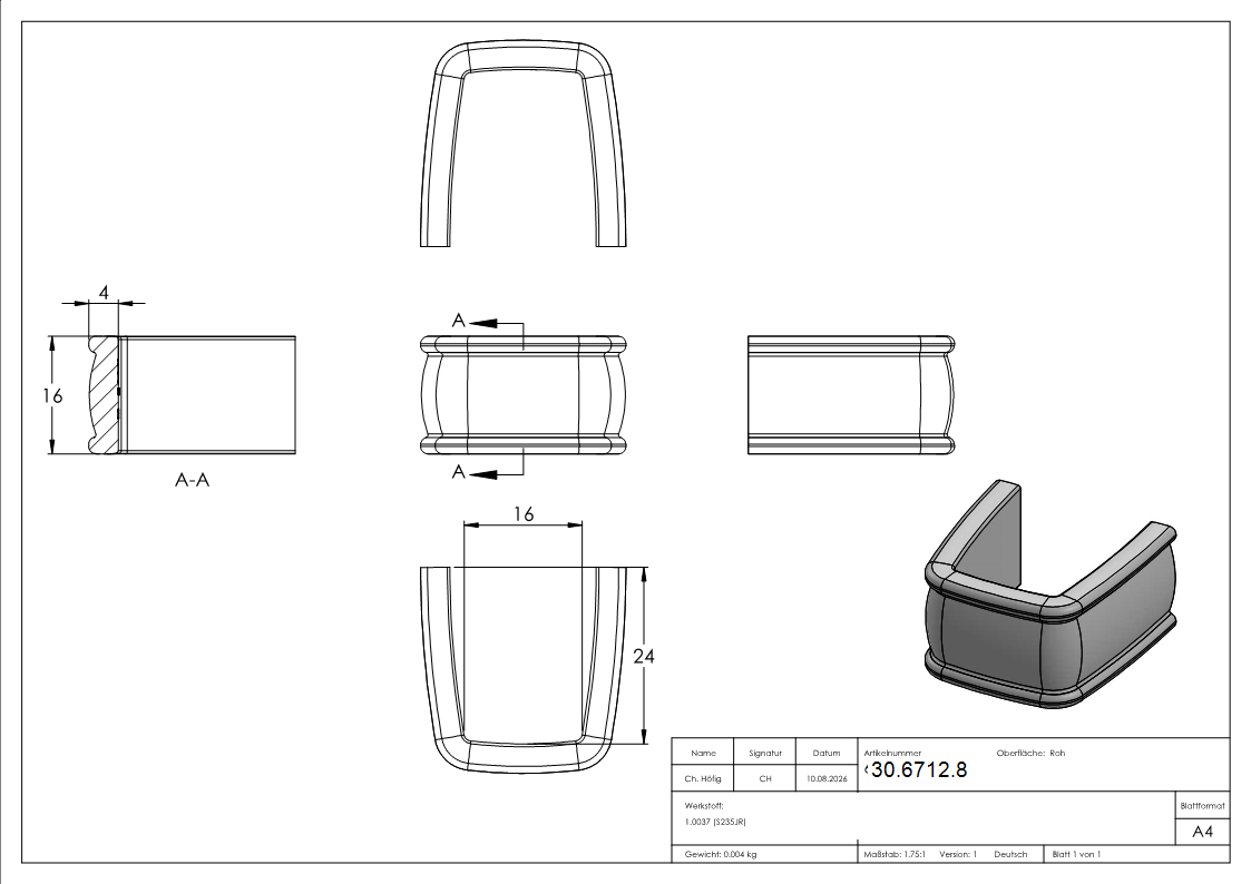 Bund - 1 Stueck - Material- 16x4 mm - Innenmass- 16x24 mm - Stahl -Roh- S235JR-30-6712.8