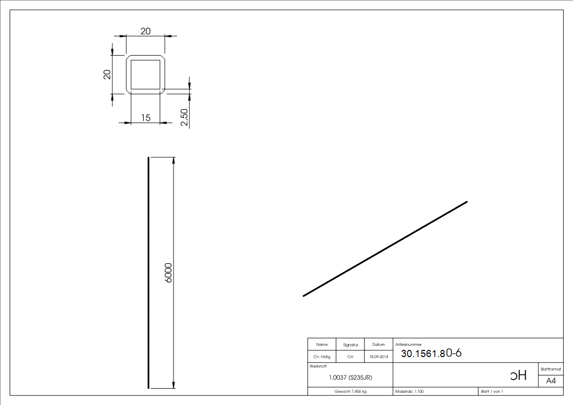 Quadratrohr gehaemmert 20x20x2 mm 6000 mm Stahl S235JR- roh-30-1561.8