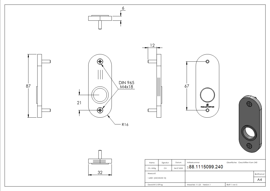 Kurzschild Edelstahl V2A 32 x 87 x 6 mm gerundet geschliffen Korn 240-88-1115099.240
