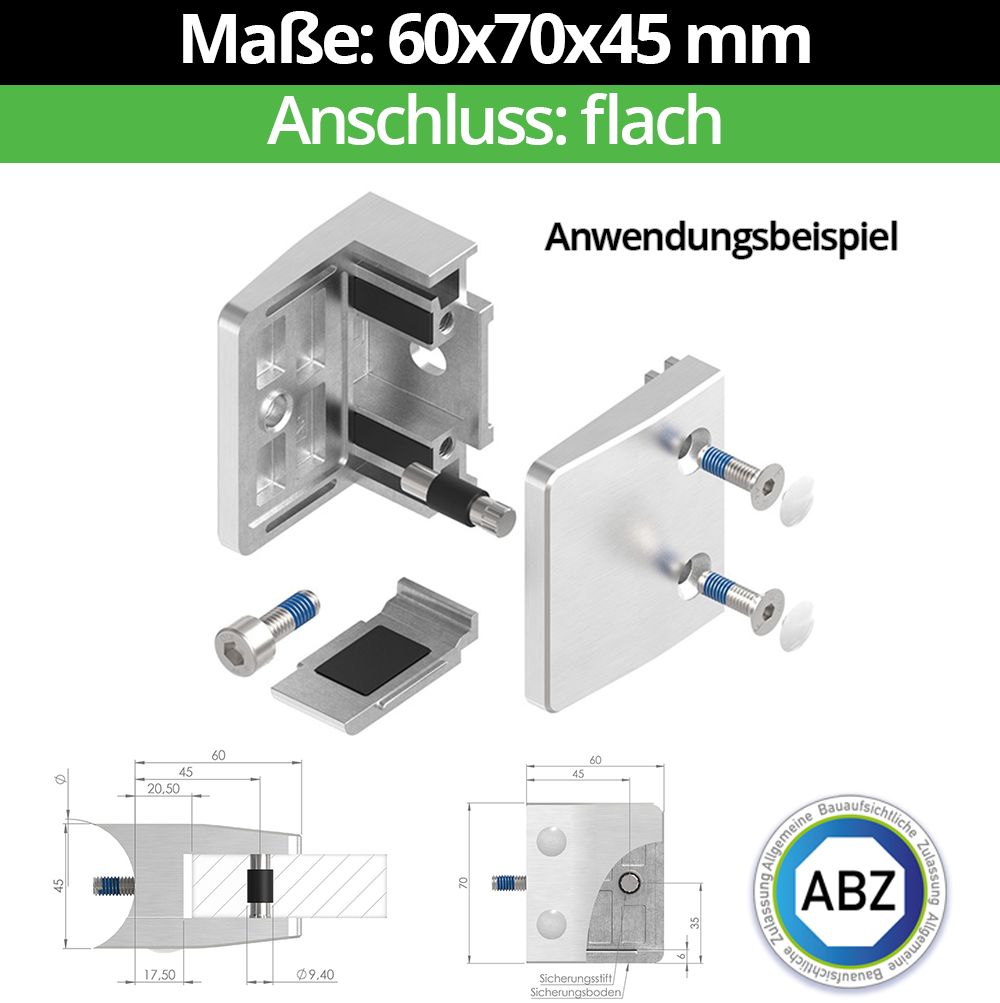 Glasklemme AbZ Masse- 60x70x45 mm fuer Anschluss  Flach - Ø 48-3 mm - 60-3 mm-10.MODELL39