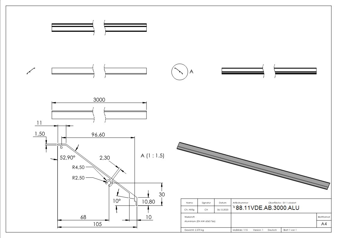 Design-Abdeckung fuer eleganza canopy- L=3000mm- Aluminium E4-EV1-88-11VDE-AB-3000.ALU