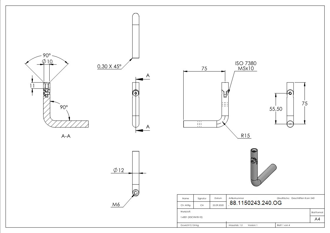 Buegel Edelstahl V2A Ø 12 mm- 75x75 mm- M6x10 mm- mit Gelenk- 90° gebogen- Korn 240-88-1150243-240.OG