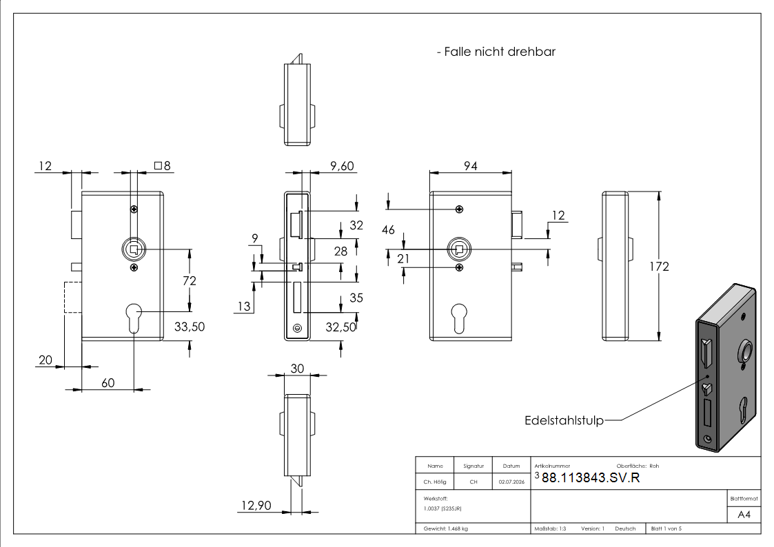 Selbstverriegelnder Schlosskasten Verzinkt 30x94-5x172 mm DIN R-88-113843-SV.R