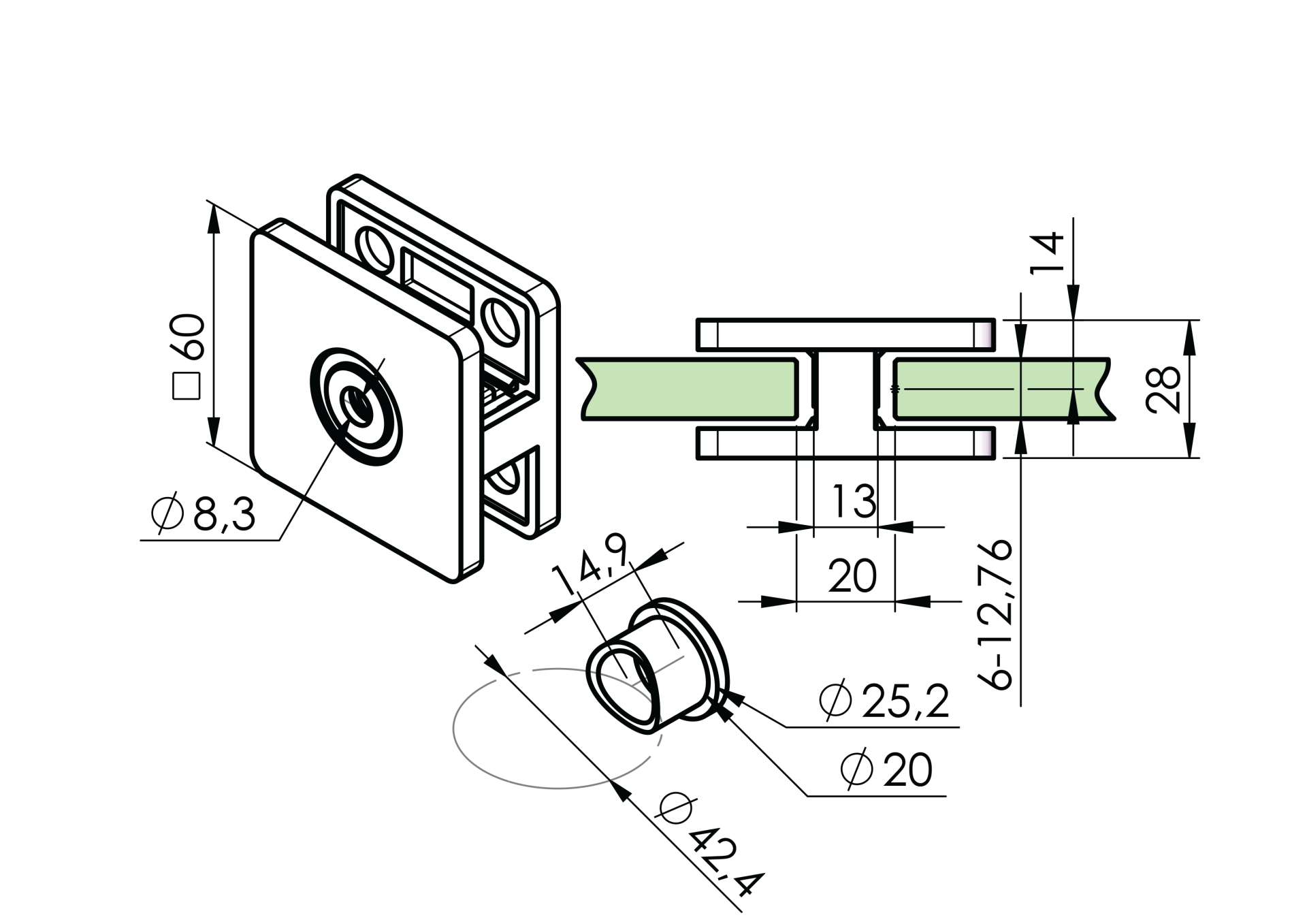 Glashalter Off-Axis Edelstahl AISI 316 fuer Glas 6-12-76 mm Pfosten D42-4 doppelseitig-89-11A142100742-A.4