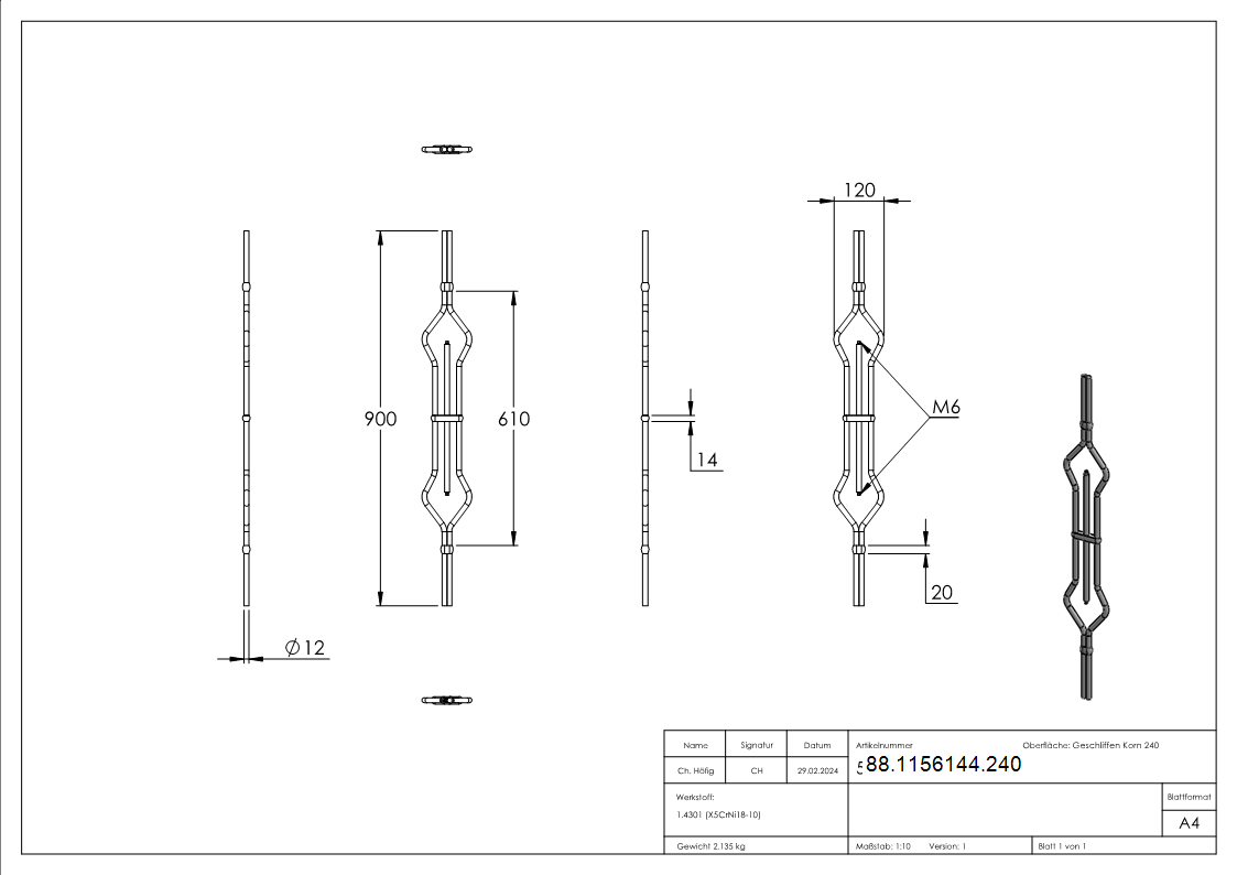 Zierstab Edelstahl V2A Rund Ø 12 mm H 900 mm 2x Gewinde M6-88-1156144.240