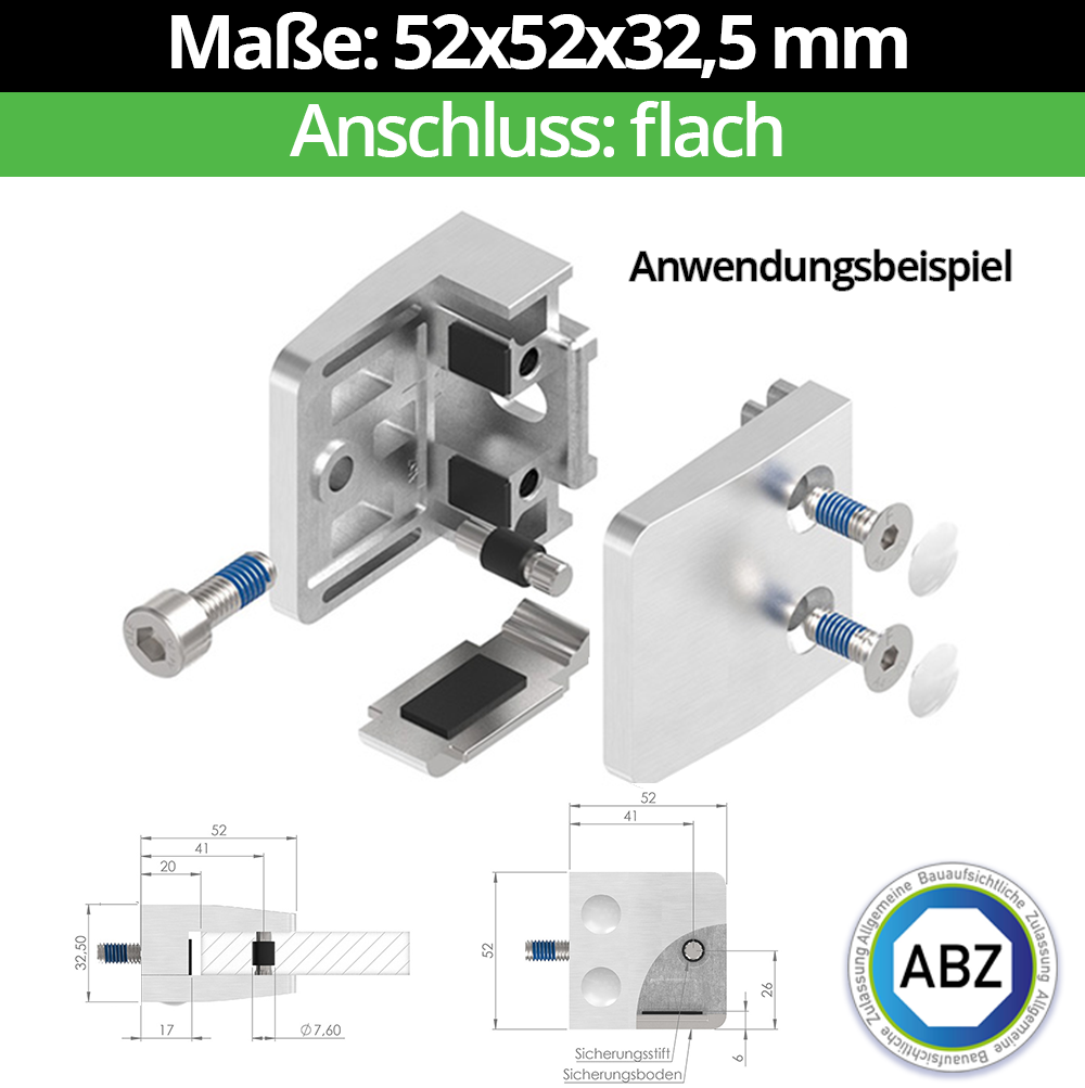 Glasklemme AbZ 52x52x32-5 mm  fuer Anschluss  Flach - Ø 42-4 mm - Ø 48-3 mm - 60-3 mm-10.MODELL34