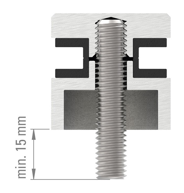 Glaspunkthalter V2A Ø 30 mm flach Klemmbereich 6-12-76 mm Gewinde M8 inkl- Gummi-10-5000.4