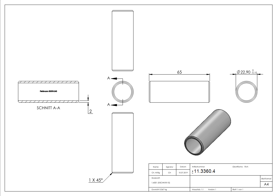 Rohrverbinder V2A fuer Rohr Ø 26-9 x 2-0 mm- L 65 mm- ohne Mittelsteg-11-3360.4