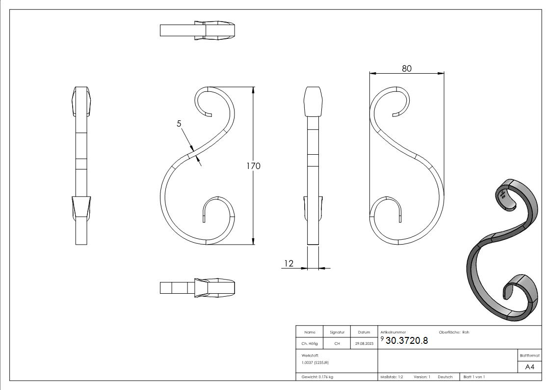 S-Schnecke - Masse- 170x80 mm - Material- 12x5 mm - Stahl S235JR- roh-30-3720.8