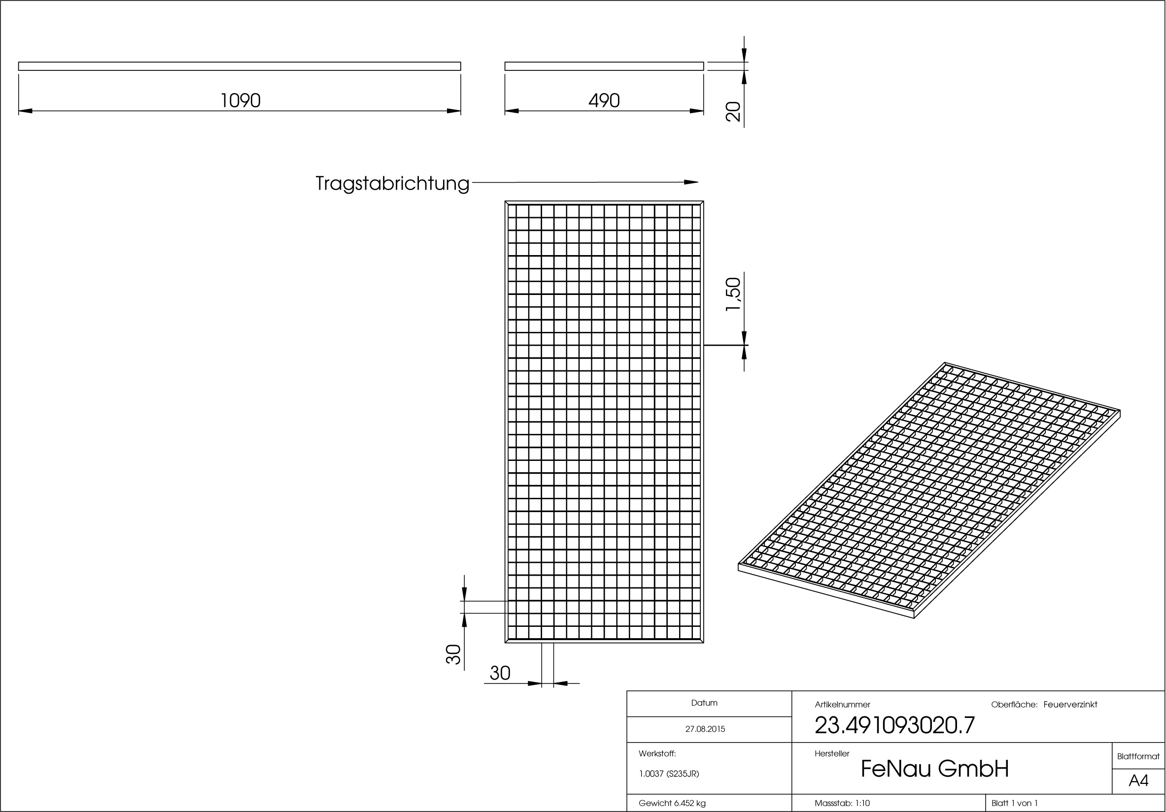 Lichtschachtrost Baunormrost - Masse-  490x1090x20 mm 30-30 mm - aus S235JR -St37-2- im Vollbad feuerverzinkt-23-491093020.7