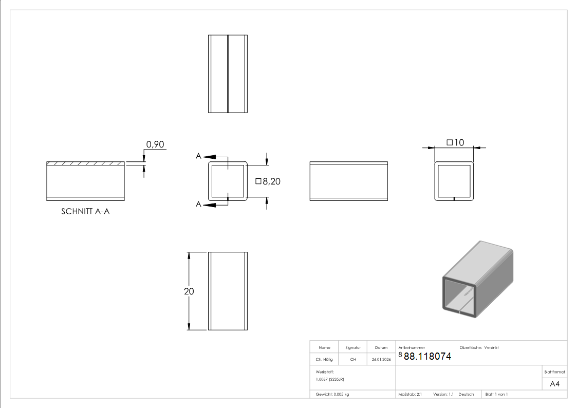 Ausgleichshuelse verzinkt 8x8 auf 10x10 mm- Laenge 20 mm-88.118074