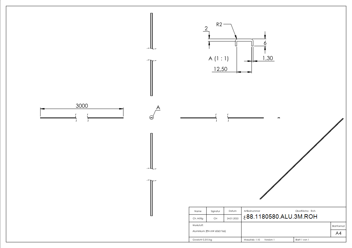 Kantenschutz EXTRA SLIM- fuer Glas 10-00 - 11-52mm- L=3m- Aluminium roh-88-1180580-ALU-3M.ROH