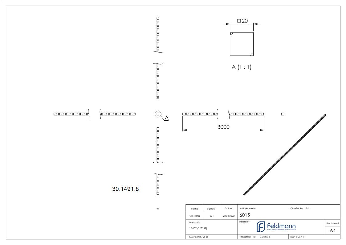Vierkant gehaemmert - Material- 20x20 mm - Laenge- 3000 mm - Stahl -Roh- S235JR-30-1491.8
