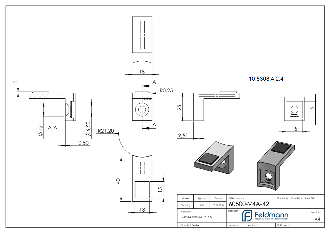 Plattenhalter Halteboden Scheibensicherung fuer Glas Ø 42-4 mm V4A-10-5308-4-2.4