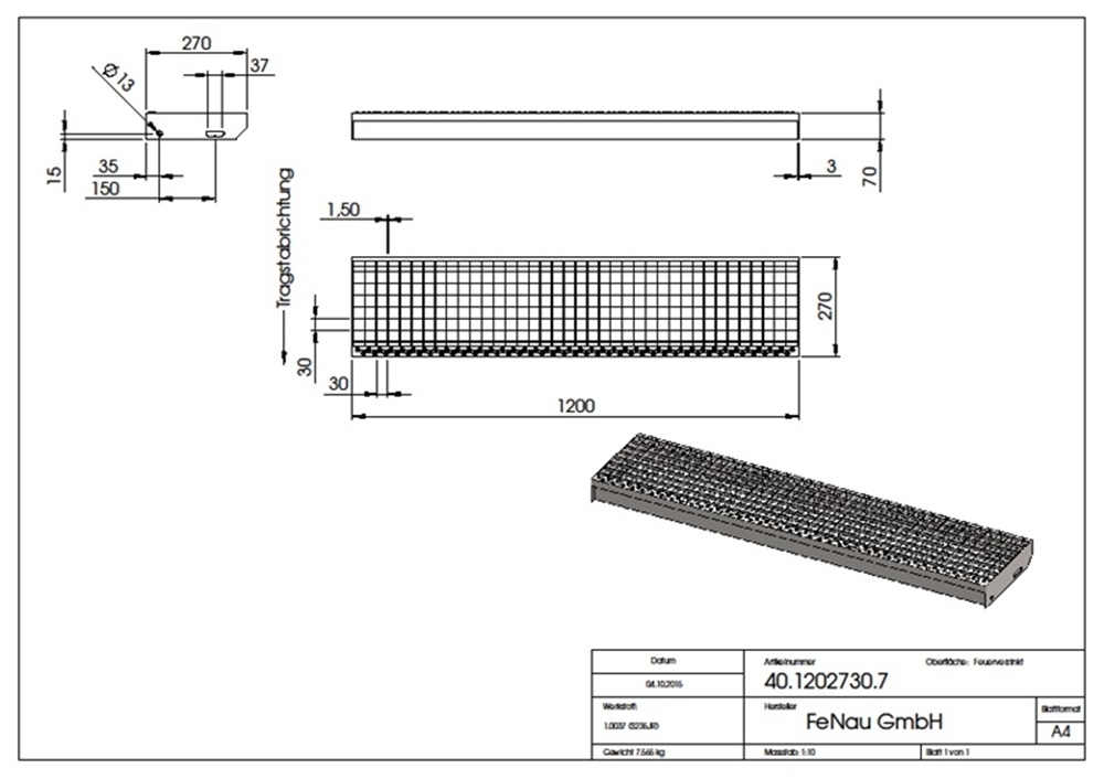 Gitterroststufe Treppenstufe Masse- 1200x270 mm 30-30 mm R13 S235JR -St37-2- im Vollbad feuerverzinkt-40-1202730.7R13