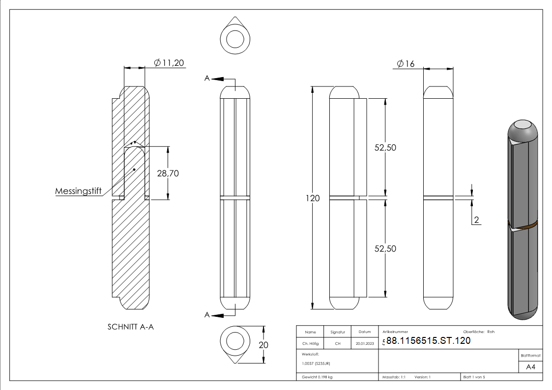 Anschweissband Stahl roh Laenge 120 mm Rollen-Ø 16 mm Stift-Ø 11 mm mit Messingring-88-1156515-ST.120