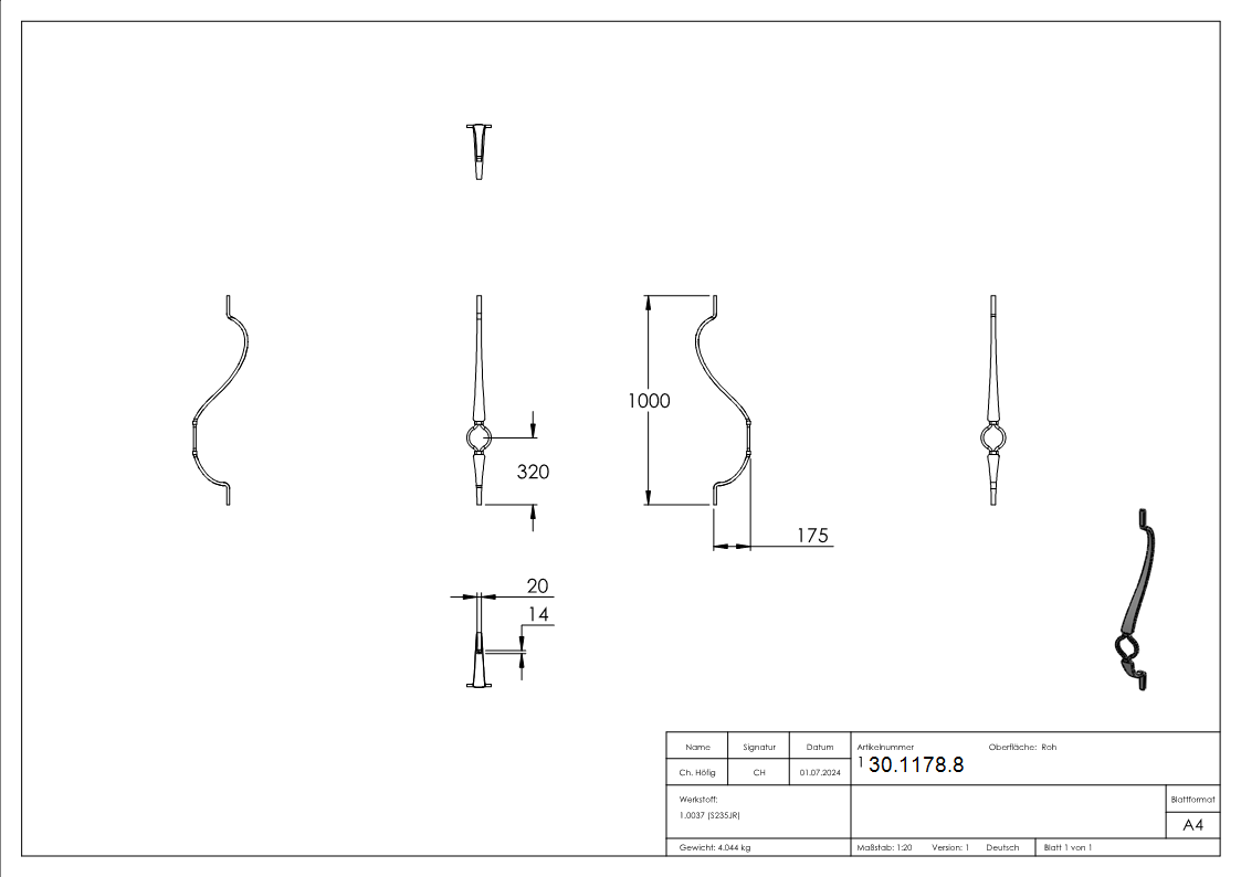 Bauchstab - Laenge- 1000 mm - Material- 20x12 mm - Stahl S235JR- roh-30-1178.8