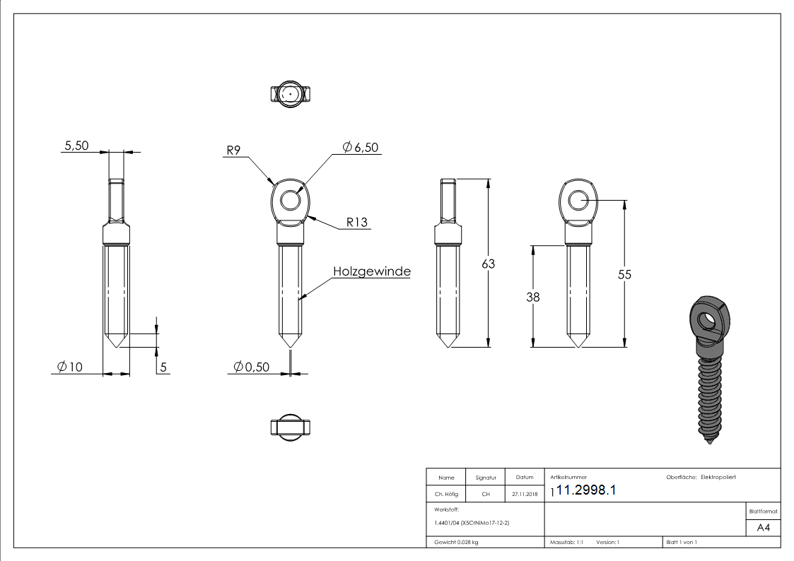 Augenschraube V4A Holzgewinde 8 mm flacher Kopf-11-2998.1