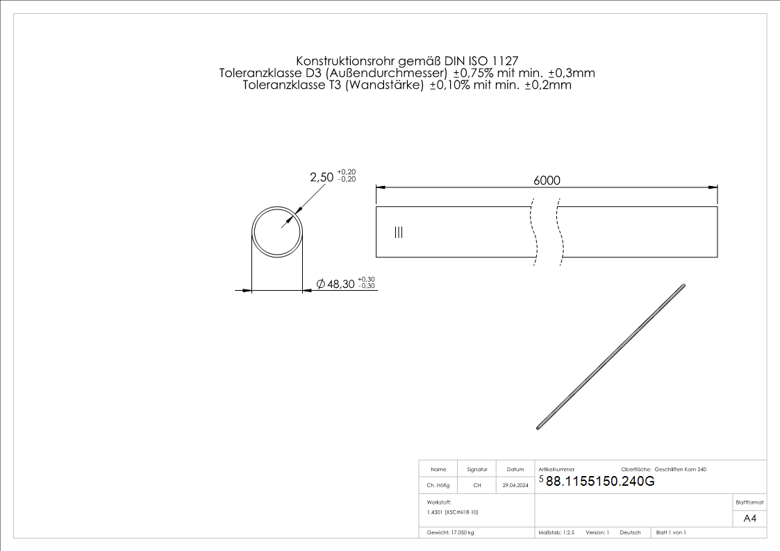 V2A-Rohr Korn 240 48-3 x 2-5mm geglueht-88-1155150.240G