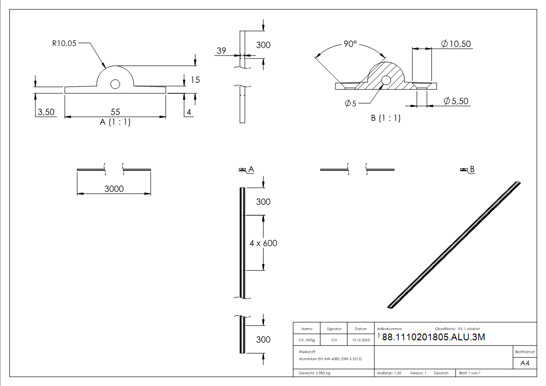Laufschiene Aluminium L = 3000 mm-  19 mm oben- eloxiert E6-EV1-88-1110201805-ALU.3M