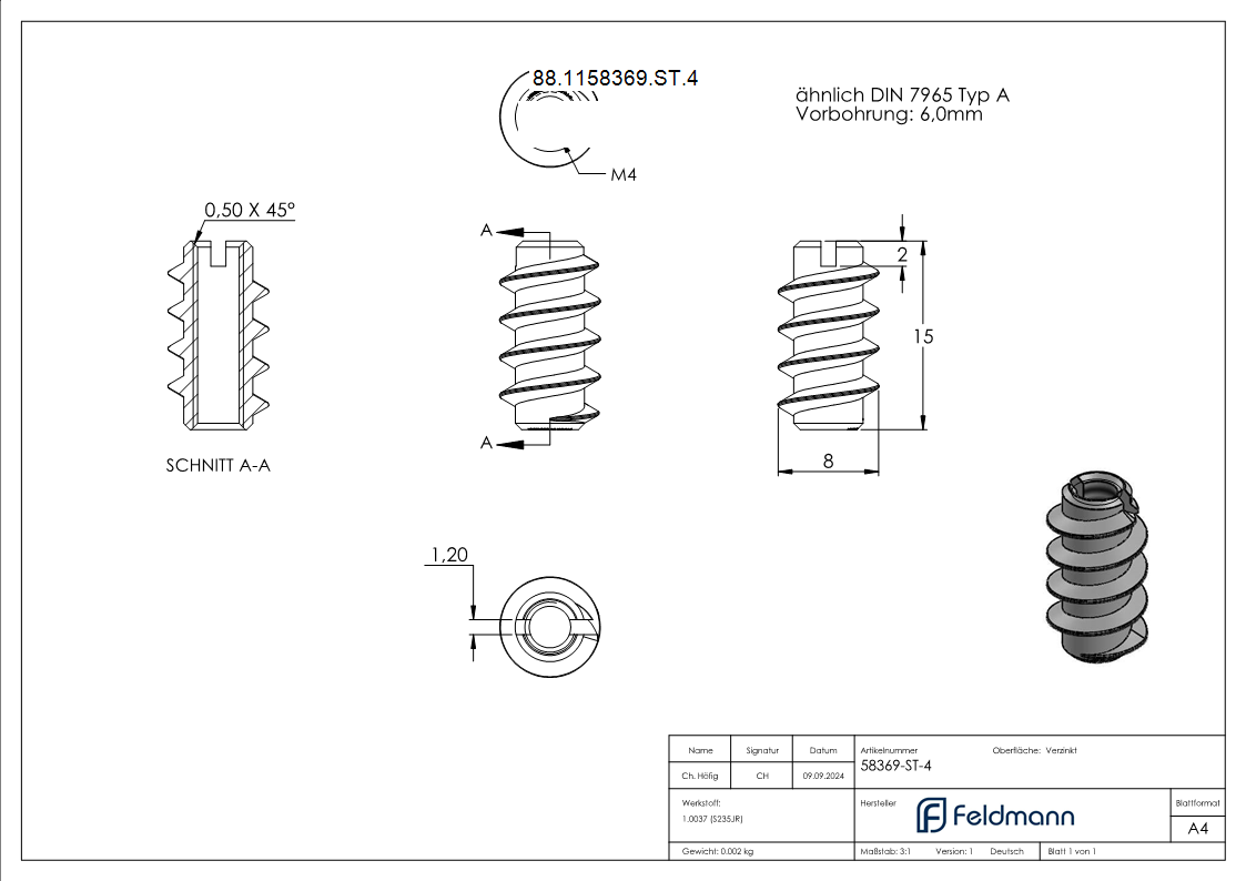 Rampa-Muffe Stahl verzinkt M4x15 Typ A Vorbohrung 6-0 mm-88-1158369-ST.4