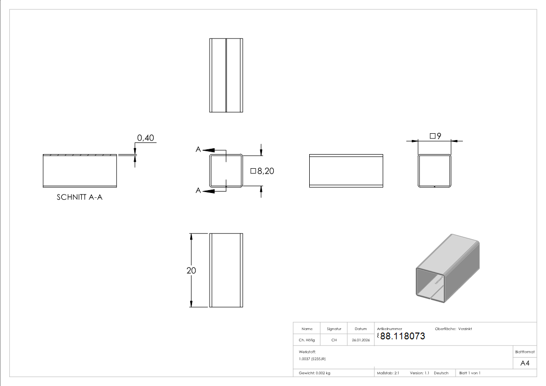 Ausgleichshuelse verzinkt 8x8 auf 9x9 mm- Laenge 20 mm-88.118073