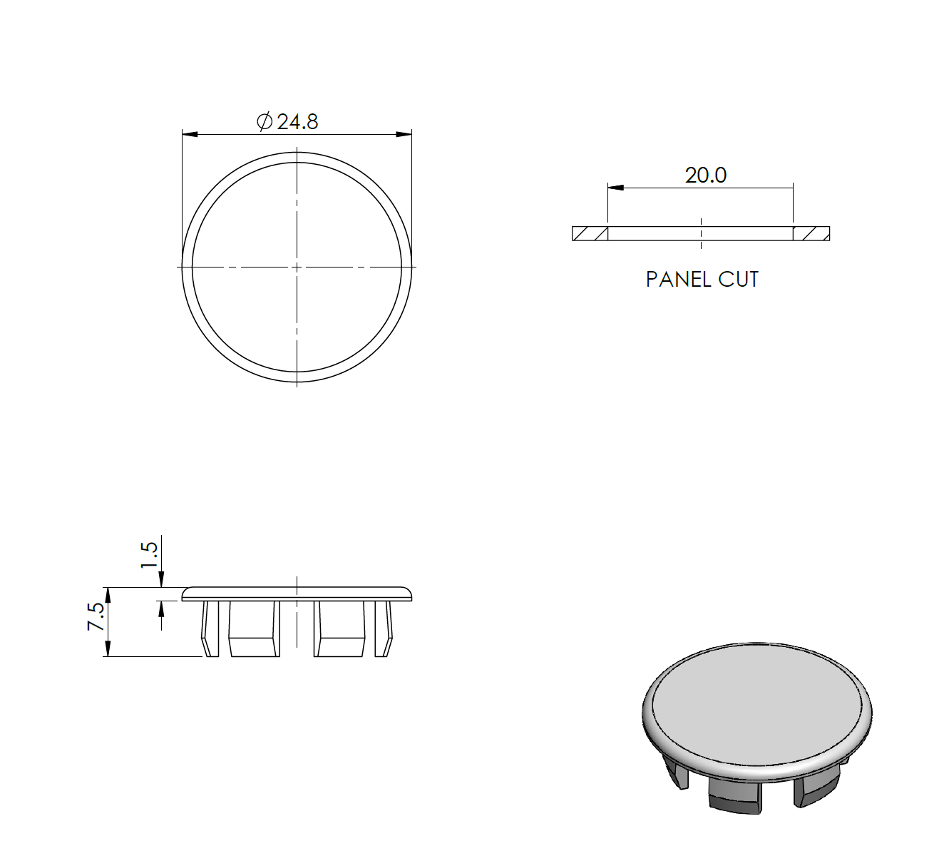 Endkappe Kunststoff PA66 fuer Bohrung Ø 20 mm Aussen Ø 25 mm fuer AL-Profile-89-11A240005008-A.4
