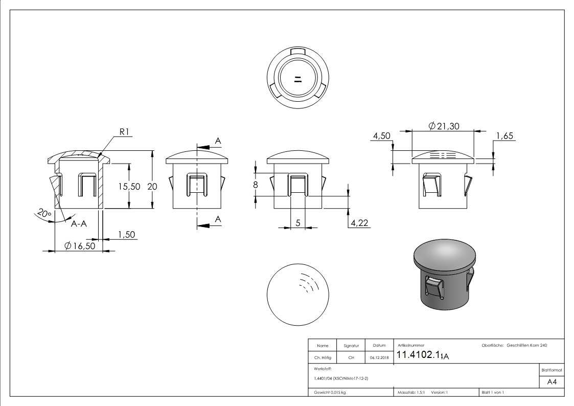Einsteckkappe V4A Edelstahl fuer Rohr Ø 21-3 mm Wand 1-6-2-0 mm gewoelbt zum Einschlagen-11-4102.1