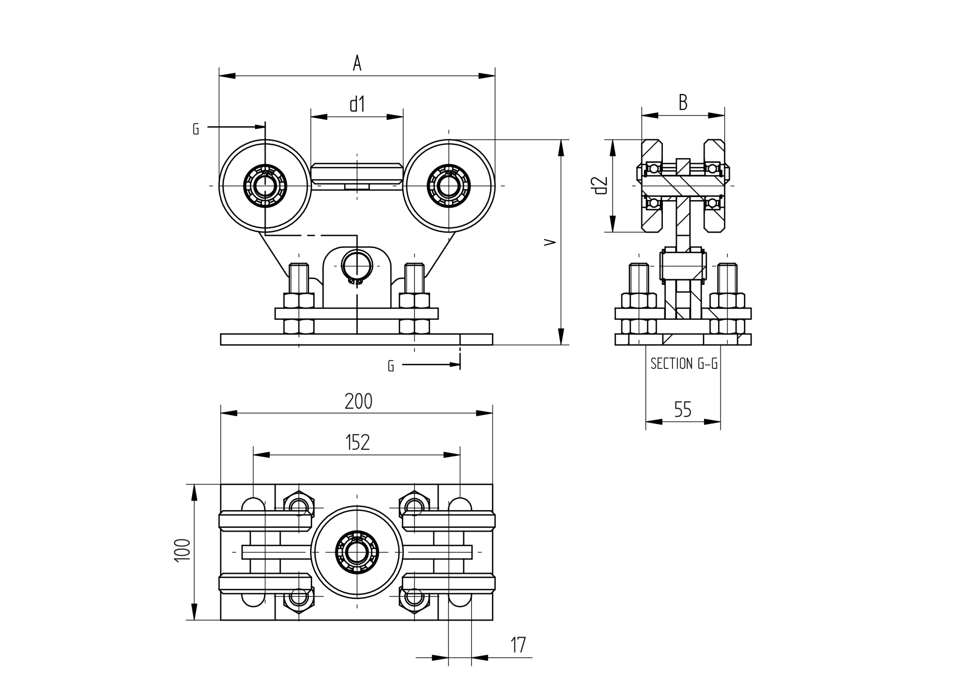 5-Rollen Laufwagen Edelstahl V2A fuer Profil 80 x 80 mm roh-89-11H834480X80-A.4