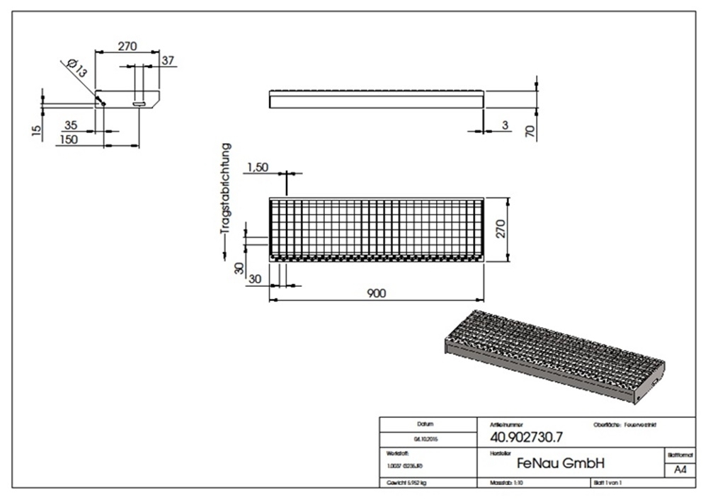 Gitterroststufe Treppenstufe Masse- 900x270 mm 30-30 mm S235JR -St37-2- im Vollbad feuerverzinkt-40-902730.7