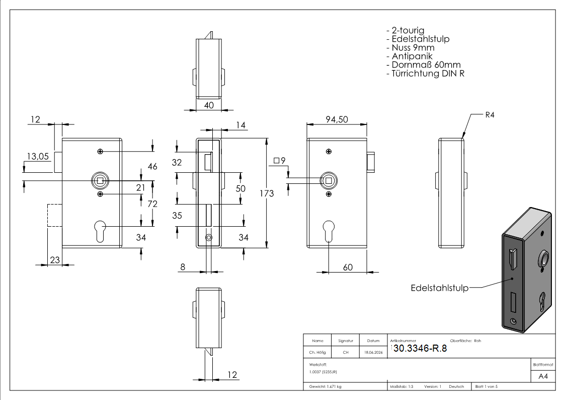 Anti-Panikschloss verzinkt 40x94-5x173 mm mit Wechselfunktion E DIN R-30-3346-R.8