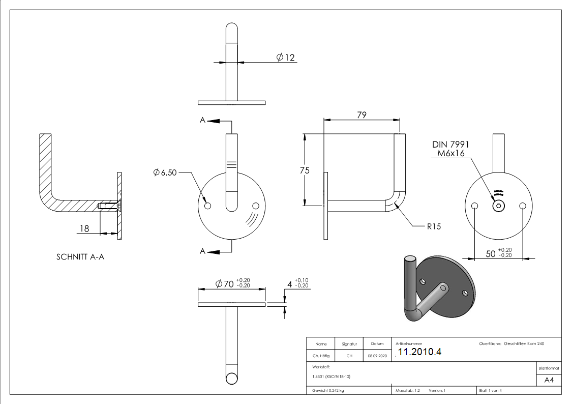 Handlaufhalter Ronde 70 x 4 mm mit Buegel 12 mm V2A-11-2010.4