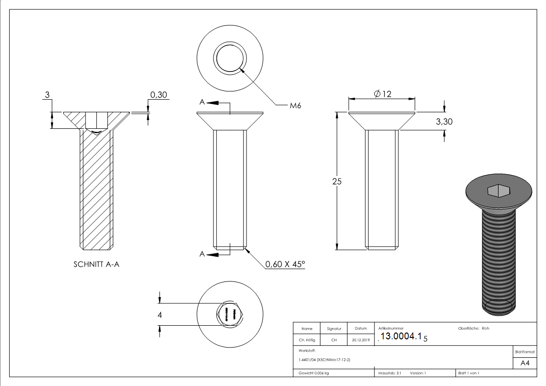 Senkkopfschraube V4A M6x25 Innensechskant ISO 10642-13-0004.1