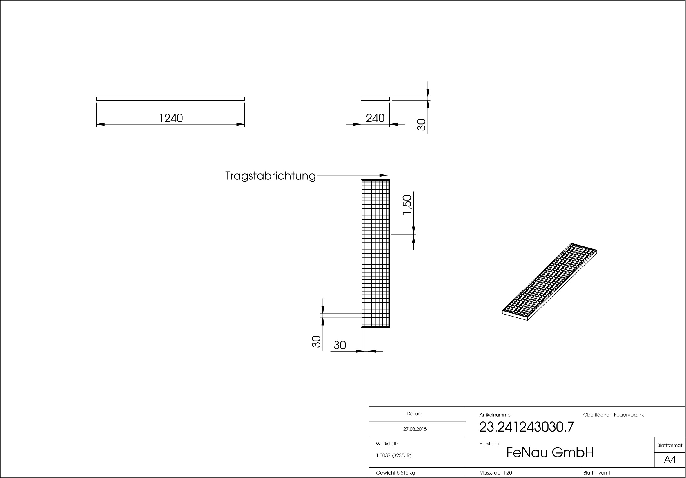 Garagen-Gitterrost - Masse-  240x1240x30 mm 30-30 mm - aus S235JR -St37-2- im Vollbad feuerverzinkt-23-241243030.7