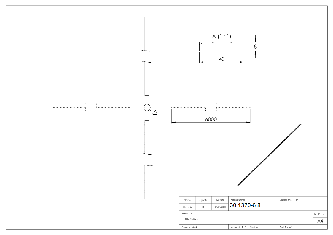 Flacheisen 40x8 mm 2-fach gerillt 6000mm Stahl S235JR roh Langmaterial-30-1370-6.8