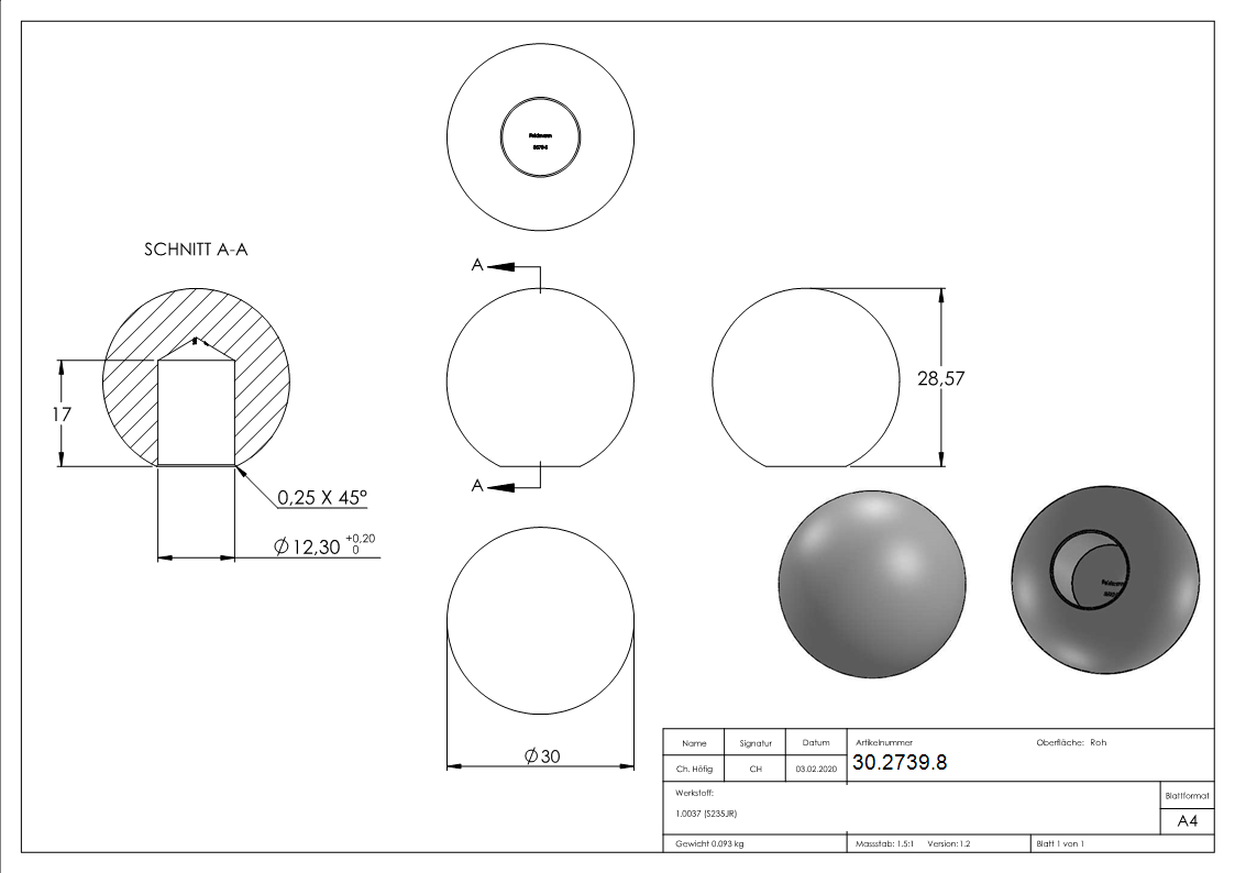 Massivkugel S235JR Ø 30 mm mit Sackloch Ø 12-3 mm glatt-30-2739.8